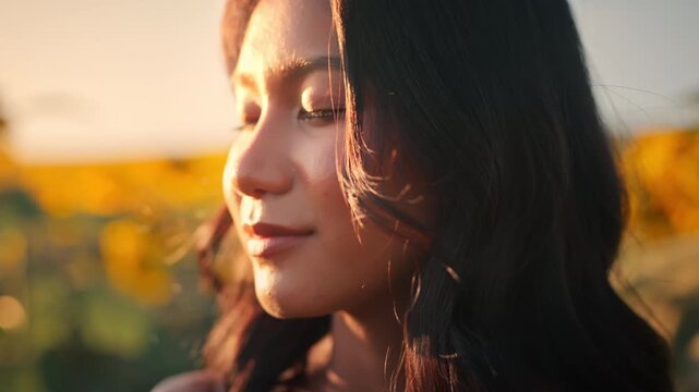 Close up portrait of young Asian woman slowly opening her eyes in warm sunset light at sunflower field, peaceful female enjoying golden hour nature, relaxation, mindfulness and natural beauty concept