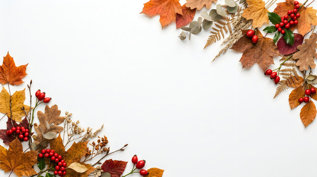 A beautiful autumnal corner border created with colorful vibrant maple leaves and bright red berries against a plain white backdrop
