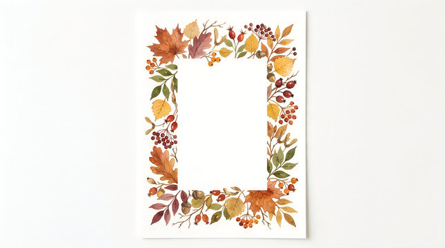 Beautiful watercolor floral frame featuring colorful autumn leaves and delicate botanical elements set against a clean white background