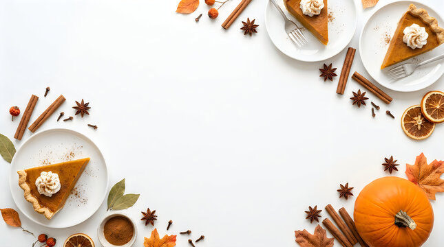 A delightful festive autumn dessert arrangement features pumpkin pie slices with cinnamon sticks on a clean white background