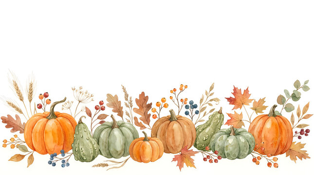 Beautiful watercolor painting of autumn pumpkins and a delicate floral arrangement with colorful leaves and stems on a white backdrop