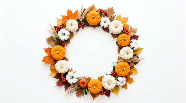 Beautiful autumn floral wreath with delicate white ranunculus flowers and small decorative pumpkins against a clean white backdrop