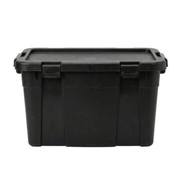Black plastic storage container with lid