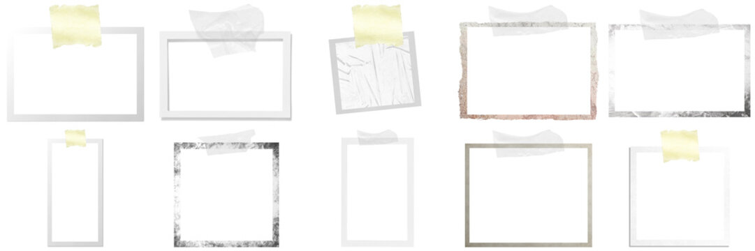 Vintage photo frame card with textured paper and adhesive yellow tape, isolated on transparent PNG background