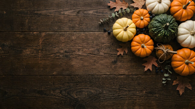 Beautiful autumn harvest display featuring an arrangement of vibrant colorful pumpkins and crisp dried leaves on a rustic wooden surface
