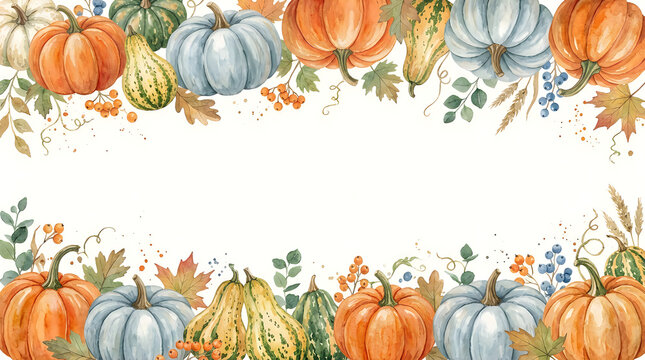 Watercolor autumn frame with pumpkins leaves and floral elements for fall season design