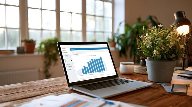 A laptop displaying a bar chart on a wooden desk beside a potted plant and a lit lamp near a window with plants