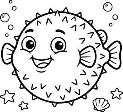 Cute puffer fish coloring page for kids with bubbles and starfish
