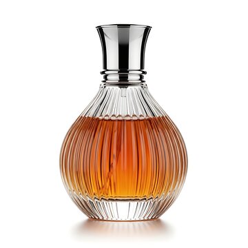 Elegant perfume bottle with amber liquid and silver cap