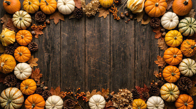 A beautiful autumn still life display of colorful pumpkins and gourds set against a weathered wooden backdrop