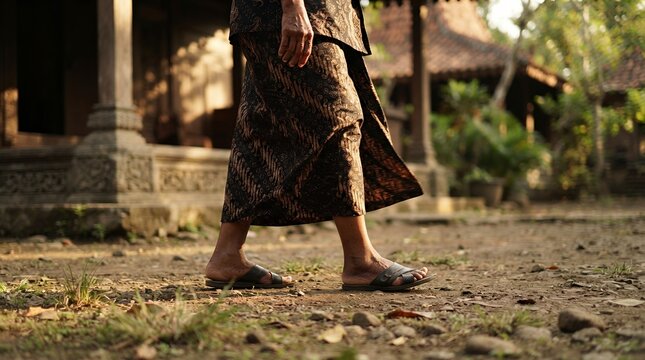Indonesian Person in Traditional Batik Sarong Walking in Village