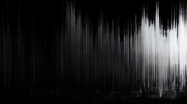 Black and white glitchy background with vertical stripes and old-school static