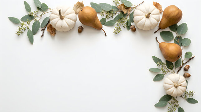 Beautiful autumnal corner decoration with pumpkins eucalyptus sprigs and delicate dried flowers against a clean white backdrop