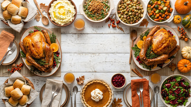 Delicious festive thanksgiving dinner spread flat lay with roasted turkey and sides on a light wood table
