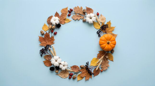 Autumn floral wreath arrangement featuring dried flowers and warm seasonal hues on a pale blue background