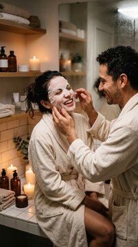 A laughing couple in bathrobes applies a face mask. An intimate moment of shared self care and joy in a candlelit bathroom. Perfect for wellness, lifestyle, and skincare marketing.