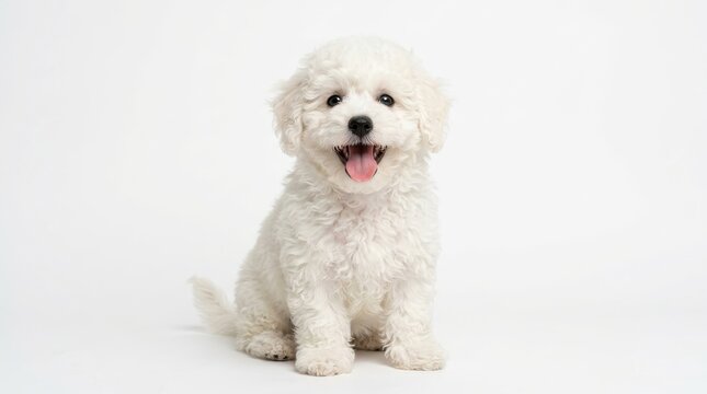 Adorable Fluffy White Bichon Frise Puppy Sitting and Smiling Happily on a Clean White Studio Background
