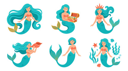 Fototapeta premium Mermaid character set, flat vector illustration of cute sea princesses
