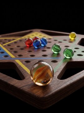 Chinese checkers wooden board game with colorful glass