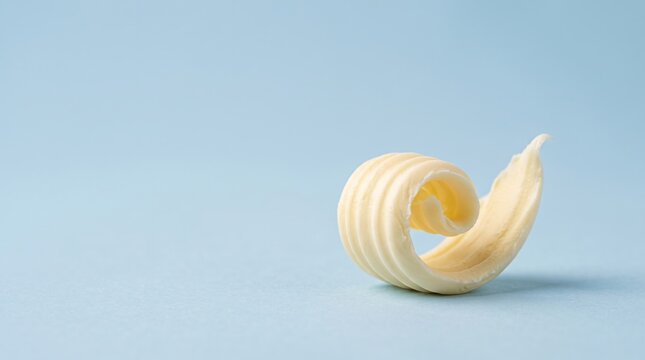 Single butter curl on a solid light blue background