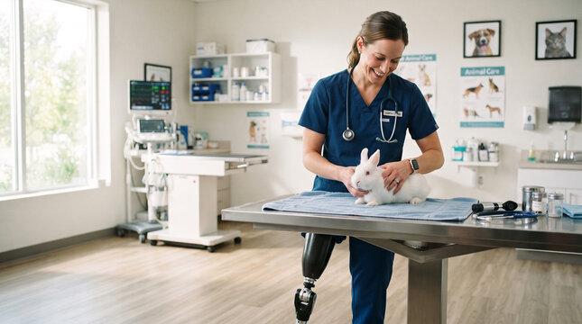 Veterinarian examines healthy white rabbit with prosthetic leg in examination room