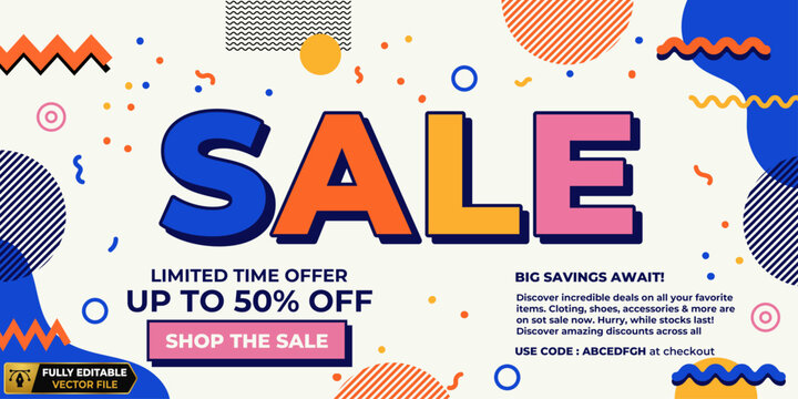 Sale promotion banner with colorful typography and confetti. limited time discount advertising design template. retail marketing graphic illustration discount promotion shopping typography