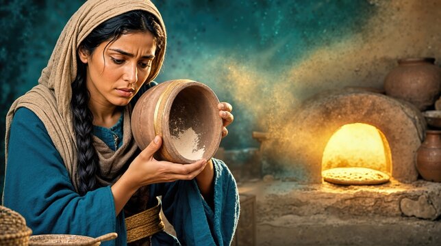 Biblical woman looking into empty clay flour jar beside glowing earthen clay oven. Ancient middle eastern widow inspecting last flour vessel with baked bread in warm firelight watercolor background