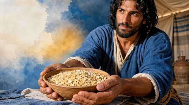 Hebrew man with dark hair holding a wooden bowl filled with pale manna flakes. Biblical desert scene with blue tunic robe, watercolor painted sky background and ancient tent in Exodus narrative
