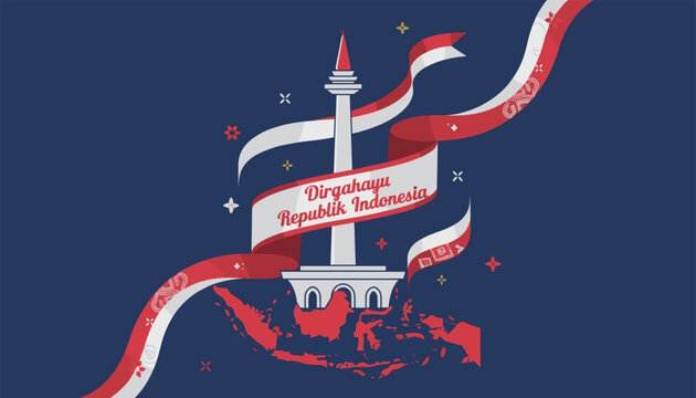 Indonesian independence day greeting illustration with national monument monas and national map in red and white.