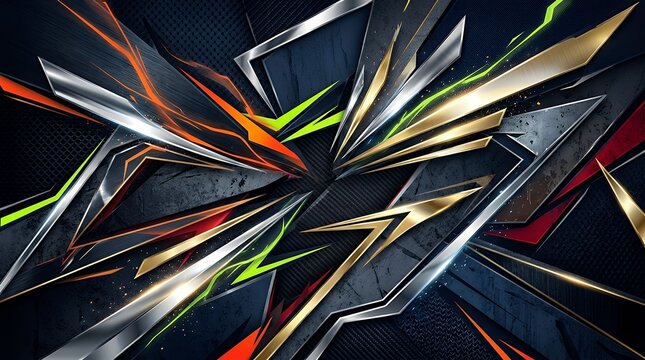 Energetic Modern Abstract Graphic Layout with Shiny Metallic Accents and Deep Textures Designed for Athletic Event Promotion and High Impact Media dynamic geometric composition glowing sequins dark