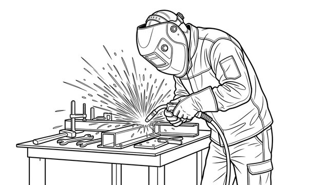Professional welder line art illustration, industrial worker with welding mask and sparks, metal fabrication workshop sketch