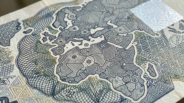 Detailed Macro Shot of Continent Map Pattern Printed on Paper Currency Note with Geometric Linework currency money cash banknote paper printing map pattern texture macro closeup detail finance