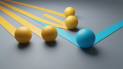 Obraz premium Several yellow spheres and one blue sphere arranged on a grey surface with colored lines.