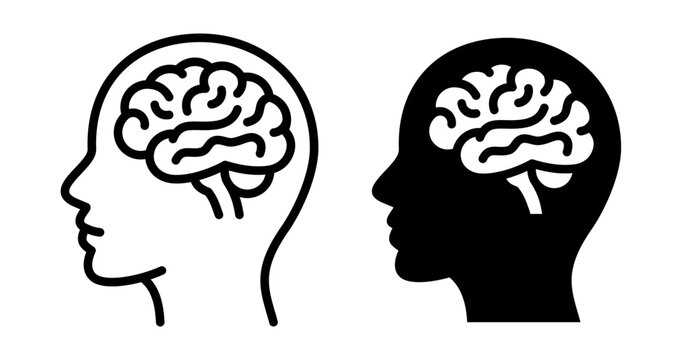 Human head with brain icon in outline and solid styles. Psychology, neurology, cognition, intelligence and mental health symbol for healthcare, education and medical design.