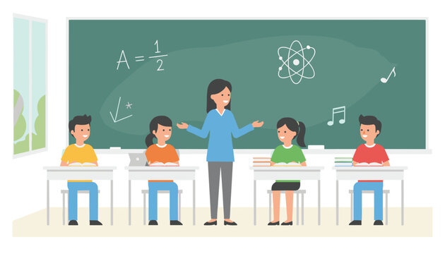 Classroom setting with female teacher explaining lesson to students sitting at their desks in front of blackboard.