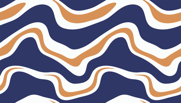 Continuous seamless flowing wave pattern with abstract organic lines in dark navy blue, white, and warm orange colors.