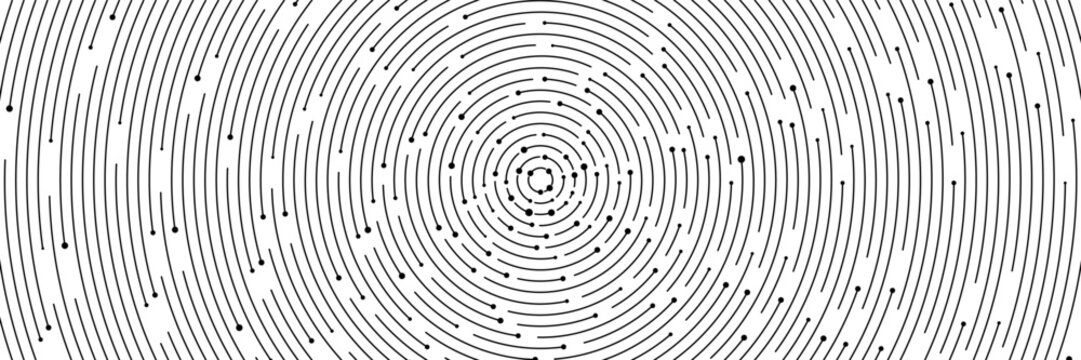 Abstract concentric circle line seamless bg. Editable radial tech network background with black dots. Minimalist futuristic digital data code pattern for cyber security and microchip design