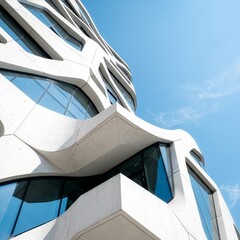 Zbliżenie na nowoczesny budynek z białego betonu i szkła o unikalnej, geometrycznej i organicznej fasadzie. Ostre kąty i krzywe kontrastują z czystym, jasnoniebieskim niebem