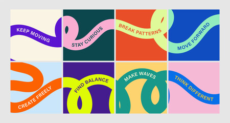 Naklejka premium Vibrant abstract poster with flowing shapes in warm colors featuring colorful, fluid wavy lines for a dynamic, modern feel, motivational design typography for creative wall art