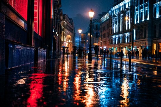 Mokra od deszczu ulica w mieście nocą. Światła z neon&oacute;w i latarń odbijają się w kałużach na asfalcie, tworząc kolorowe plamy. Rozmyte sylwetki przechodni&oacute;w z parasolami w tle