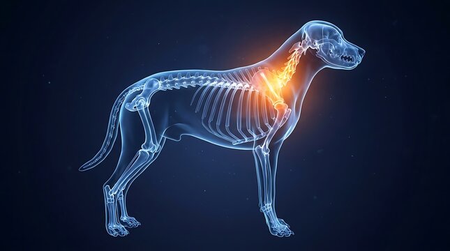 Transparent x-ray view of dog skeleton highlighting spinal column with glowing orange pain points, illustrating veterinary health and medical issues.