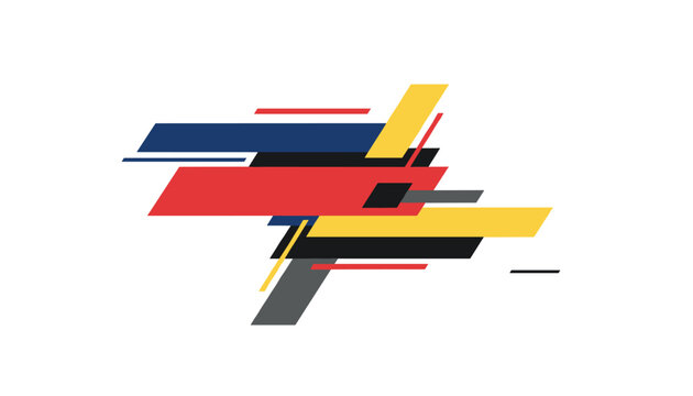 Abstract geometric composition in suprematism style with overlapping red blue yellow black and grey shapes.