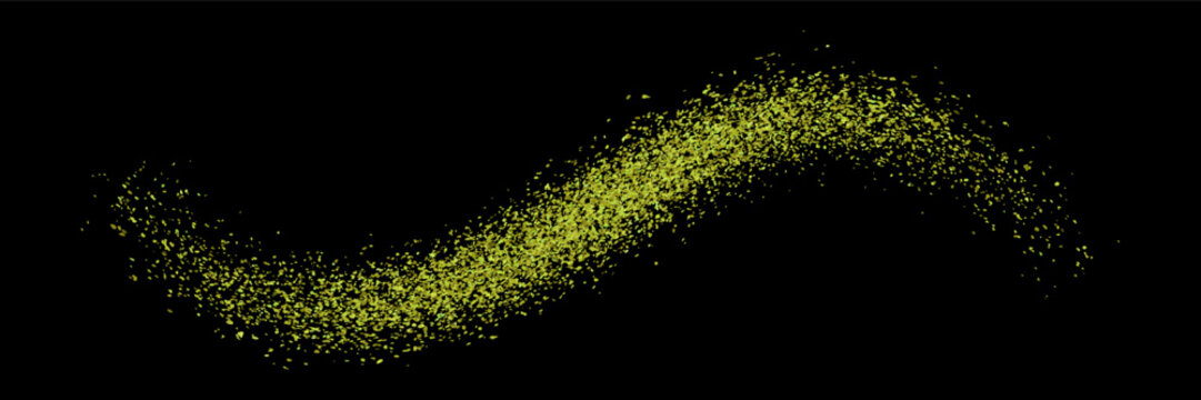 Green matcha powder splash with flying particles and dry speckles on black bg. Traditional organic tea or moringa burst cloud texture. Vector fon for healthy beverage and food poster.

