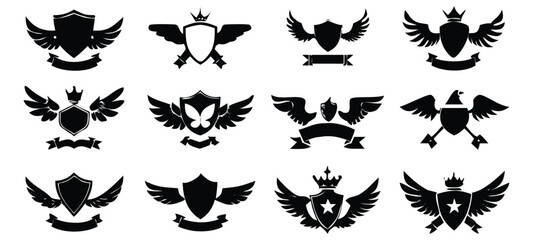 Obraz premium Heraldic insignias shields with wings crowns and banners vector icons for logos and insignia.