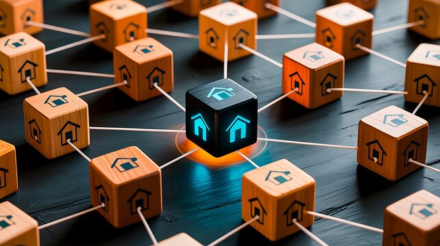 Connected blockchain network with digital cubes and smart technology icons