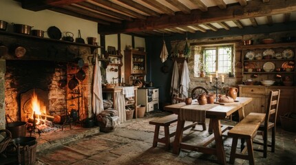 Naklejka premium Rustic Kitchen Ambiance: A cozy, rustic kitchen is illuminated by the warm glow of a crackling fireplace, featuring a sturdy wooden table and benches, and shelves filled with traditional cookware.