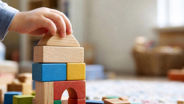 Child Hand Stacking Wooden Toy Blocks in Preschool - Early Childhood Motor Skills Macro - Daycare Learning Background - Soft Natural Light
