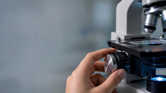 Student Hand Adjusting Fine Focus Knob of Laboratory Microscope - University Biology Lab Macro - Scientific SaaS Header - Cool LED Lab Light
