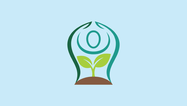 Environmental abstract logo of a human figure protecting a green plant sprout on a soft blue background.