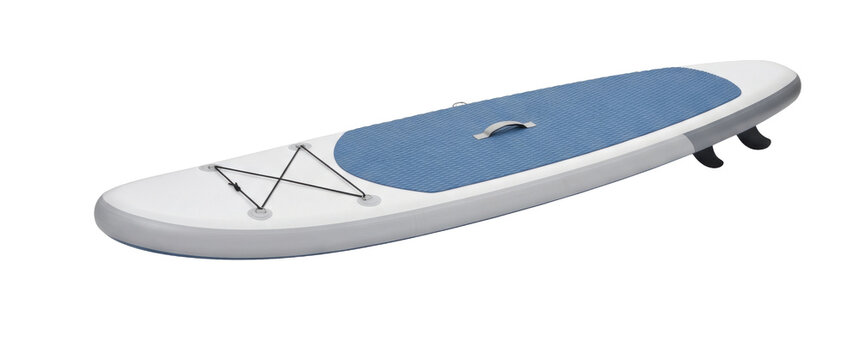 Inflatable stand up paddleboard with blue deck pad and fins isolated